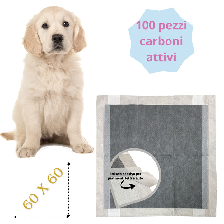 Traversine Cani 60x60 al Carbone Attivo con adesivi, 100 pezzi