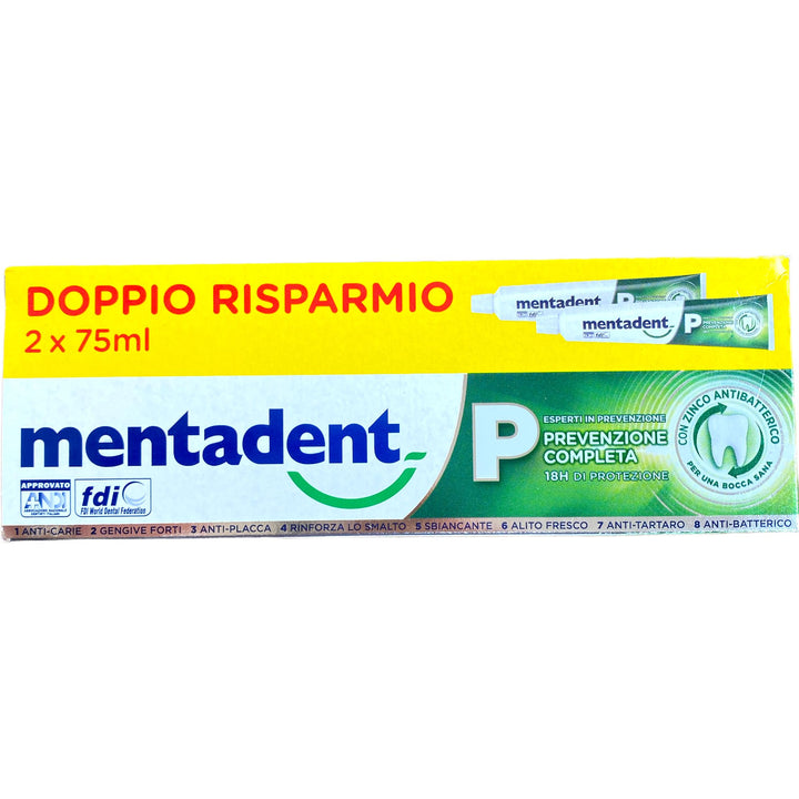 Mentadent dentifricio P prevenzione completa bipacco 2x75ml