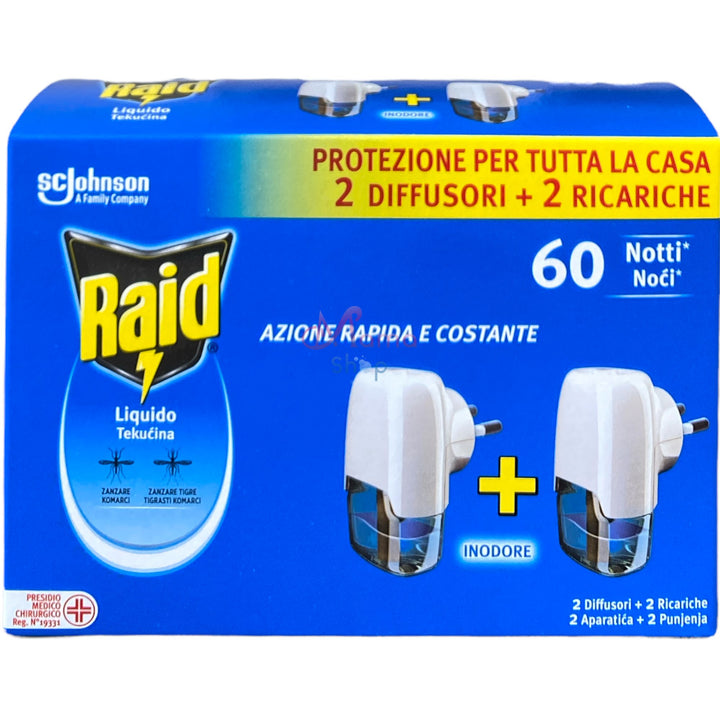 Raid liquido per zanzare comuni e tigri 2 diffusori + 2 ricariche 60 notti 2x21 ml